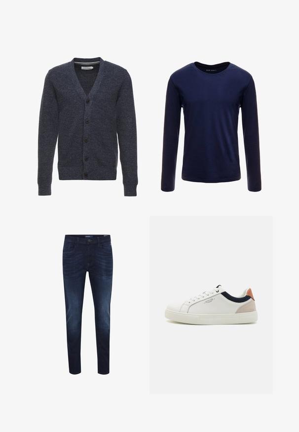 Cárdigan azul marino hecho de una tela texturizada, con cuello en V, mangas largas y cinco botones marrones a lo largo del frente.; Camiseta de manga larga color marino hecha de algodón suave, con un clásico cuello redondo y una textura lisa sin patrones ni acentos visibles.; Jeans de mezclilla azul oscuro con un corte slim, diseño de cinco bolsillos, sutil desgaste en la tela, cierre de botón y etiqueta con el logo en la parte trasera de la cinturilla.; Zapatillas blancas de cuero con un diseño de caña baja, acento en tela azul marino en el cuello y una lengüeta de talón de ante rosa claro. Suela de goma.