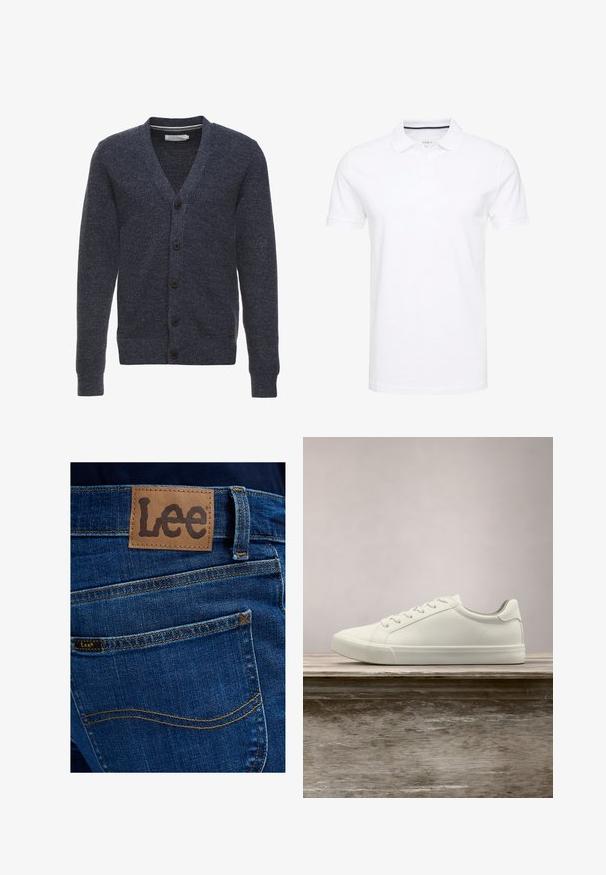 Cardigan bleu marine en tissu texturé, avec un col en V, des manches longues et cinq boutons marron à l'avant.; Polo shirt blanc en coton, avec un col traditionnel, des manches courtes et une patte de boutonnage à trois boutons, avec des accents navy discrets à l'intérieur.; Vue arrière d'un jean en denim bleu avec un patch en cuir beige et une petite étiquette en tissu, affichant toutes deux le nom de la marque Lee au-dessus de la poche arrière.; Sneaker en dentelle blanche flottant au-dessus d'un banc en bois avec un feuillage vert en arrière-plan, mettant en valeur le design et la texture de la chaussure.