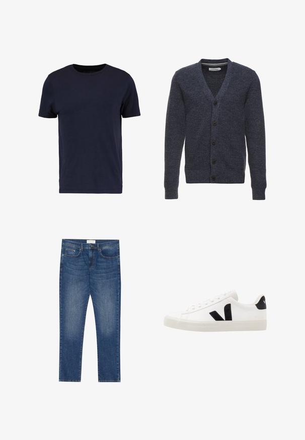 Cardigan bleu marine en tissu texturé, avec un col en V, des manches longues et cinq boutons marron à l'avant.; Pier One by Zalando T-shirt basique - dark blue; Jeans en denim bleu pour homme avec une coupe droite, cinq poches, un léger effet délavé, et une fermeture standard à bouton et à zip.; Sneaker blanche en cuir avec des accents en daim noir ; dispose d'une semelle en caoutchouc, d'un bout rond et d'un design classique à lacets. Logo latéral en noir.