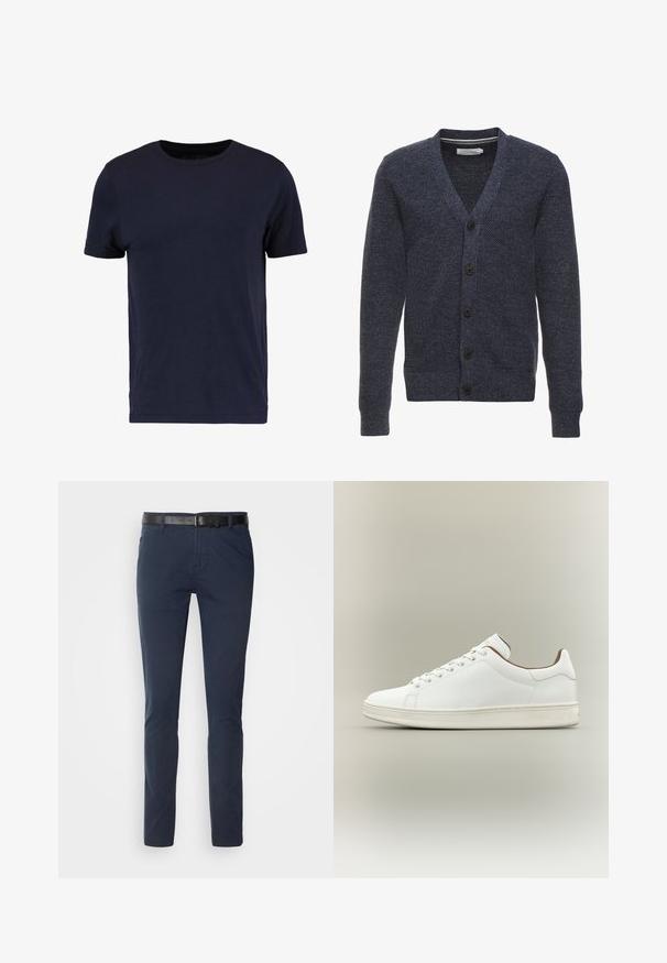 Marineblauwe cardigan van een gestructureerde stof, met een V-hals, lange mouwen en vijf bruine knopen aan de voorkant.; Pier One by Zalando T-shirt basic - dark blue; Marineblauwe katoenen broeken met een smalle pasvorm, voorzien van een gestructureerde zwarte leren riem en klassieke zakken. Schoon ontwerp, geen patronen.; Witte lage sneaker met veters aan de voorkant, glad leren bovenwerk en lichtbeige zool tegen een neutrale achtergrond.