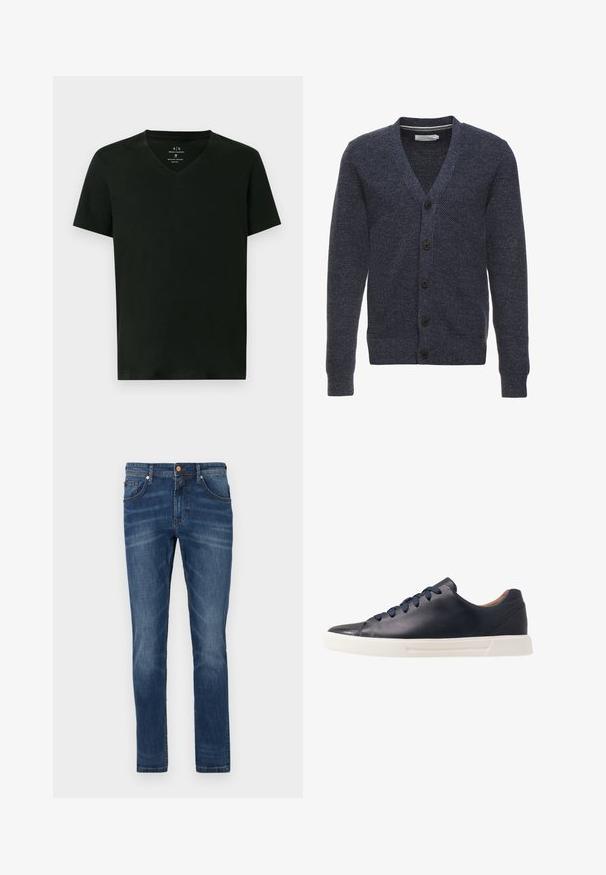 Marineblauer Cardigan aus strukturiertem Stoff, mit V-Ausschnitt, langen Ärmeln und fünf braunen Knöpfen auf der Vorderseite.; Schwarzes Armani Exchange Herren Baumwoll-T-Shirt mit kurzen Ärmeln und V-Ausschnitt, Größe M, flach auf weißem Hintergrund präsentiert.; Dunkelblaue Jeans aus Denim mit geradem Bein, fünf Taschen, dezente Verwaschungen, kontrastierende Nähte und einem Knopfverschluss an der Taille.; Marineblaue Ledersneaker mit glatter Oberfläche, flacher weißer Gummisohle, runder Zehenpartie und sechs marineblauen Schnürsenkeln, die durch runde Ösen gefädelt sind.