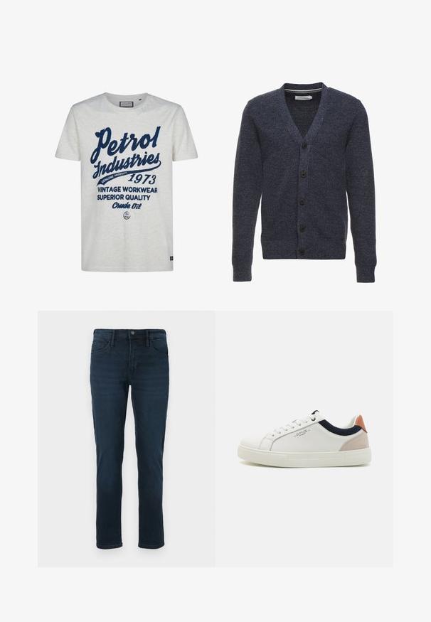 Mørkeblå cardigan lavet af tekstureret stof, med V-hals, lange ærmer og fem brune knapper foran.; Hvid t-shirt med korte ærmer, der har marineblå trykt tekst. Designet inkluderer "Petrol Industries," "1973," og accenter som "Genuine Product."; Mørkeblå denimjeans med lige ben, der har fem lommer, knaplukning og diskret slidfornemmelse på forsiden.; Hvide lædersneakers med low-top design, marineblå stofdetalje på kraven og en lys lyserød suede hælflap. Gummisål.