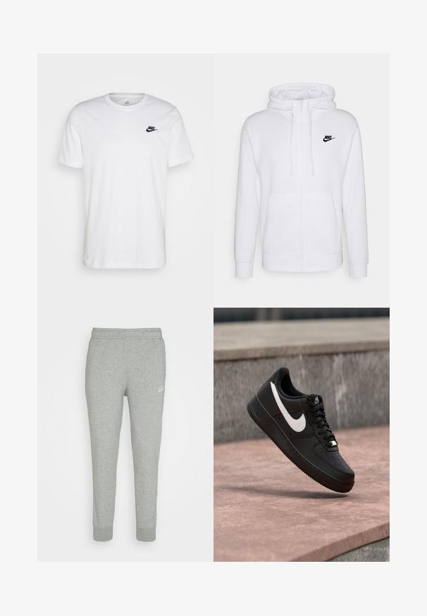 Witte zip-up hoodie gemaakt van zacht materiaal, met een trekkoordcapuchon en een zwart Nike-logo op de linkerborst. Twee voorzakken.; Witte katoenen t-shirt met ronde hals, korte mouwen en een zwart Nike-logo op de linkerkant van de borst. Eenvoudig, effen kleur ontwerp.; Grijze trainingsbroek van zacht materiaal, met een taps toelopend ontwerp, elastische tailleband en klein wit Nike-logo op de linker bovenbeen.; Zwarte Nike Air Force 1 sneaker met wit swoosh-logo zwevend boven een stenen oppervlak en een grijze, getextureerde muur op de achtergrond.
