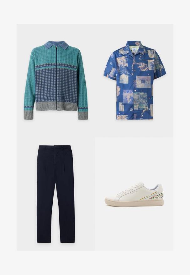 Pull à manches longues zippé avec col bleu, motif à carreaux vert et marine, et poignets et ourlet côtelés gris sur fond blanc.; Chemise bleue à manches courtes boutonnée avec des imprimés style collage de nature, bâtiments, cassettes et objets vintage dans des tons atténués.; Pantalons bleu marine en tissu léger avec une taille plate, deux plis et une fermeture à bouton standard au niveau de la taille.; Baskets en cuir blanc avec une texture lisse, présentant des motifs de lignes colorées au niveau du talon et une semelle en caoutchouc beige.