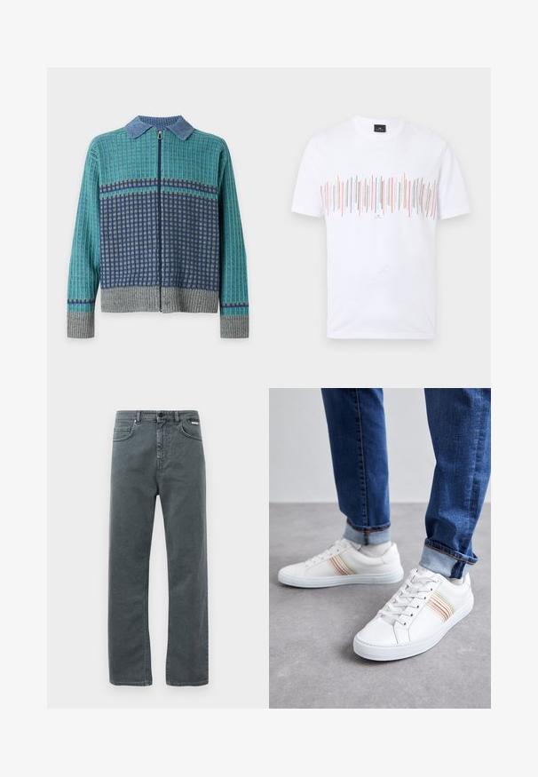 Trøje med lynlås og lange ærmer med blå krave, grønt og mørkeblåt ternet mønster samt grå ribstrikkede manchetter og kant på hvid baggrund.; Hvid t-shirt med korte ærmer og flerfarvede lodrette linjer på tværs af brystet samt en lille sort label ved halsudskæringen.; Grå denimjeans med lige ben, fem lommer og knaplukning. Har diskret syning og et klassisk, minimalistisk design.; Hvide lædersneakers med multicolore striber, snørebåndsdesign, gummisål og polstret krave, parret med blå denimjeans.