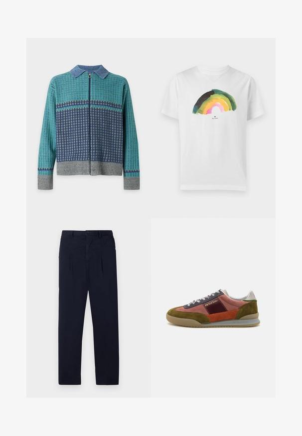 Pull à manches longues zippé avec col bleu, motif à carreaux vert et marine, et poignets et ourlet côtelés gris sur fond blanc.; T-shirt blanc à manches courtes avec un arc-en-ciel de style aquarelle en nuances de vert, jaune et rose centré sur la poitrine.; Pantalons bleu marine en tissu léger avec une taille plate, deux plis et une fermeture à bouton standard au niveau de la taille.; PS Paul Smith DOVER - Baskets basses - pink