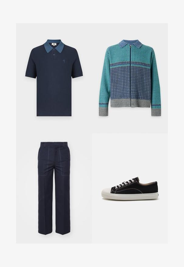 Suéter con cremallera y mangas largas, con cuello azul, patrón de rejilla verde y azul marino, y puños y dobladillo acanalados grises sobre fondo blanco.; Polo azul marino con cuello azul a contraste, mangas cortas, tejido texturizado y un pequeño diseño de corazón bordado en el pecho.; Pantalones de pierna ancha azul marino con costuras en contraste, que cuentan con una cintura alta y dos bolsillos frontales para mayor detalle y funcionalidad.; Zapatillas de lona negras con puntera y suela de goma blanca, que presentan cordones blancos y costuras en contraste. Diseño de perfil bajo.