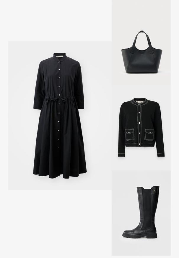 Schwarzer Cardigan mit silbernen Druckknöpfen, zwei aufgesetzten Taschen mit weißer Naht und einem Rundhalsausschnitt. Hergestellt aus einem weichen Material.; Schwarzes Langarmkleid aus Baumwolle mit durchgehender Knopfleiste, tailliertem Bund mit Gürtel und ausgestelltem Rock.; Schwarze Lederstiefel bis zur Knöchelhöhe mit elastischen Seitenteilen, abgerundeter Zehenpartie, dicke Sohle und kleinem Logoakzent an der Außenseite.; Schwarze Leder-Shopper-Tasche mit strukturierter Oberfläche, zwei Griffen und kleinem goldfarbenem "BOSS"-Logo mittig auf der Vorderseite.