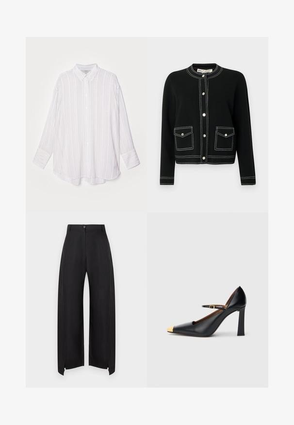 Cardigan noir avec des boutons-pression argentés, deux poches avant avec des coutures blanches, et un col rond. Fabriqué dans un matériau doux.; Chemise blanche à manches longues avec des rayures verticales gris clair, col boutonné et poignets retournés. Tissu doux avec une coupe légèrement oversize.; Pantalon noir taille haute à jambes larges avec fermeture à boutons devant et petites fentes à l'ourlet sur un fond blanc uni.; Escarpin en cuir noir avec une pointe pointue et un embout doré texturé. Il présente un talon bloc épais et une fine bride de cheville avec une boucle.