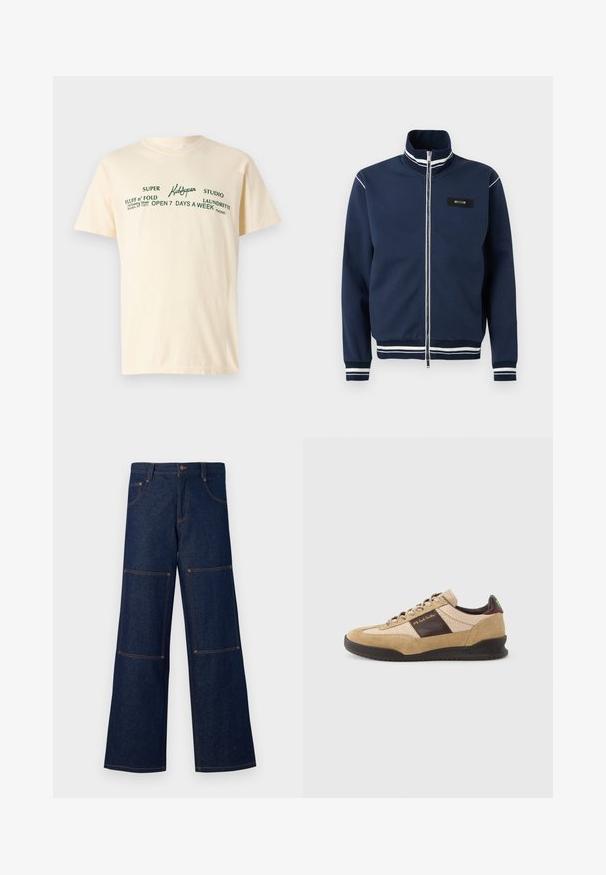 Marineblå lynlåstrøje med hvide stribedetaljer på krave, manchetter og kant samt et lille rektangulært logoemblem på venstre bryst.; Cremefarvet bomulds t-shirt med korte ærmer og grøn tekst, der står "KidSuper," "Super Fluff n' Fold," samt vaskeanvisninger.; Mørkeblå denim bukser med vid ben og kontrasterende orange syninger, der har store lappelommer på hver ben og en knaplukning i taljen.; Beige ruskindssneaker med et tekstureret brunt panel, kontrasterende brun hæl og flerfarvede snørebånd. Har en sort gummisål og guldfarvet mærkning.