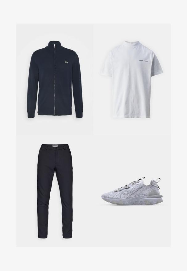 Marineblauwe zip-up jas met een hoge kraag, ribgebreide boorden en zoom. Kenmerkt zich door een groen Lacoste-logo op de linkerborst.; Witte katoenen t-shirt met een hoge hals en korte mouwen. Voorzien van het 'SAMSØE SAMSØE' logo in het zwart op de voorkant. Glad van textuur.; Zwarte broek van solide stof, met een ritssluiting, knoopsluiting, ceintuurlussen en rechte pijpen zonder zichtbare patronen of texturen.; Lichtgrijze sportschoen met een ademend mesh bovenwerk, een geprofileerde rubberen zool en reflecterende accenten. Bevat een gevoerde kraag en een vetersluiting.