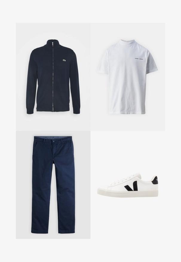 Veste zippée bleu marine avec un col haut, des bords-côtes aux poignets et à l'ourlet. Présente un logo vert Lacoste sur la partie supérieure gauche de la poitrine.; T-shirt en coton blanc avec un col haut et des manches courtes. Présente le logo "SAMSØE SAMSØE" en noir sur le devant. Texture lisse.; Pantalon décontracté pour homme, coupe droite, bleu foncé, avec passants pour ceinture et poches latérales avant, présenté à plat sur un fond neutre.; Sneaker blanche en cuir avec des accents en daim noir ; dispose d'une semelle en caoutchouc, d'un bout rond et d'un design classique à lacets. Logo latéral en noir.