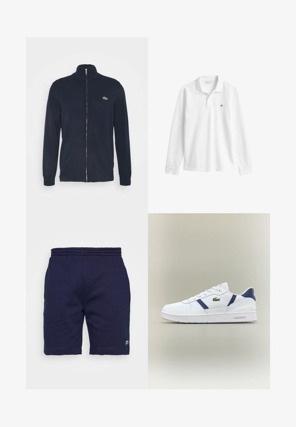 Veste zippée bleu marine avec un col haut, des bords-côtes aux poignets et à l'ourlet. Présente un logo vert Lacoste sur la partie supérieure gauche de la poitrine.; Polo blanc à manches longues en coton, doté d'un col rabattable, d'une patte de boutonnage et d'un petit logo brodé sur la poitrine.; Shorts en coton bleu marine avec une taille élastique, arborant un petit logo vert sur le bas de la jambe gauche et une texture lisse.; Baskets Lacoste blanches avec des accents bleu marine, logo crocodile vert, design à lacets et semelle estampillée sur fond neutre.