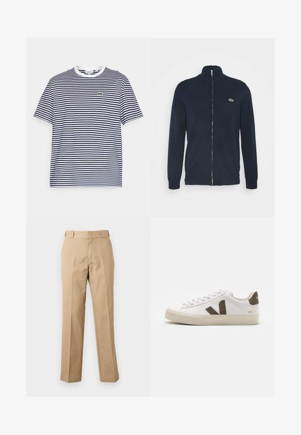 Marineblaues Zip-Jacke mit hohem Kragen, gerippten Bündchen und Saum. Mit einem grünen Lacoste-Logo im linken Brustbereich.; Gestreiftes Baumwoll-T-Shirt in Marineblau und Weiß mit Rundhalsausschnitt und kurzen Ärmeln. Mit einem kleinen grünen Krokodil-Logo auf der Brust.; Beige gerade Hose mit Gürtelschlaufen, vorderem Reißverschluss und gebügelten Bügelfalten, vor weißem Hintergrund dargestellt.; Weiße Leder-Sneaker mit einer hellbeigen Gummisohle. Mit braunem Wildleder-V-Logo und Fersenlasche. Schnürverschluss mit texturierter Oberfläche.