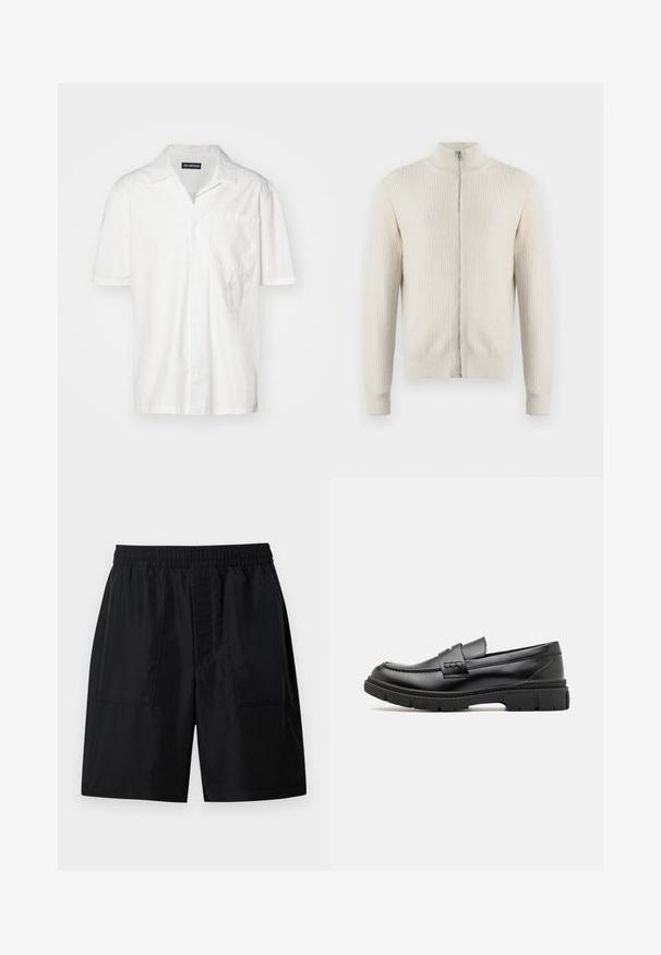 Samsøe Samsøe ADEM ZIP - Cardigan - off white; Kortærmet hvid skjorte i bomuldsblanding med spidse krave, forlomme og diskret broderet accent på venstre side.; Sorte shorts med elastisk talje, to forlommer og et lige, knælængde snit på en ensfarvet baggrund.; Sort læder loafersko med en bred rem over forfoden, gummisål med tykke mønstre og glat overflade. Klassisk, slankt design.