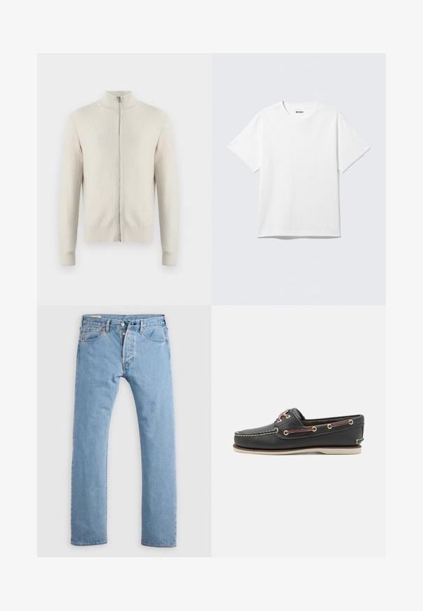 Samsøe Samsøe ADEM ZIP - Cardigan - off white; Hvid kortærmet crewneck T-shirt lagt fladt ud, ensfarvet design, med "WEEKDAY" mærkat inde i kraven på en lys baggrund.; Lys blå lige ben denim jeans med knaplukning, bæltestropper og for- og baglommer, vist på en hvid baggrund.; Sort læder bådsko med en rund tå, hvid gummisål, guld øjer og kontrasterende vinrøde snørebånd. Har syede detaljer.