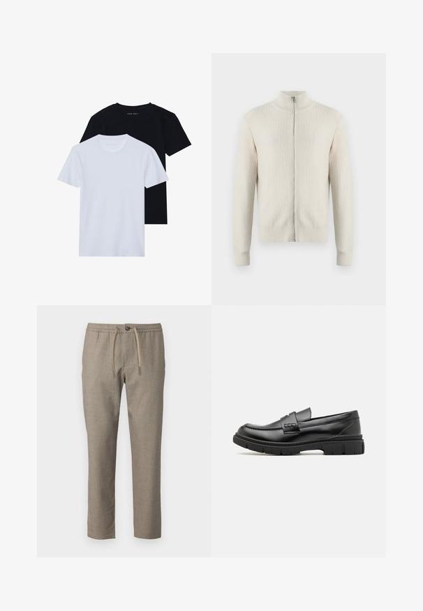 Samsøe Samsøe ADEM ZIP - Cardigan - off white; To kortærmede t-shirts med rund hals, en sort og en hvid, lavet af blødt bomuldsstof med ribbet struktur. Klassisk pasform design.; Beige bukser med elastisk talje, snor til lukning og lige ben. Materialet har en subtil tekstur.; Sort læder loafersko med en bred rem over forfoden, gummisål med tykke mønstre og glat overflade. Klassisk, slankt design.