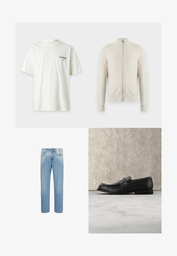 Samsøe Samsøe ADEM ZIP - Gilet - off white; T-shirt blanc à manches courtes avec texte noir "ALLSAINTS" et caractères japonais imprimés sur le côté gauche de la poitrine.; Jean en denim bleu clair à coupe droite avec poches avant, passants pour ceinture et fermeture par boutons, présenté sur fond blanc.; Mocassin en cuir noir avec une plaque de marque en métal reposant près d'une table ronde marron sur un sol recouvert de moquette beige.