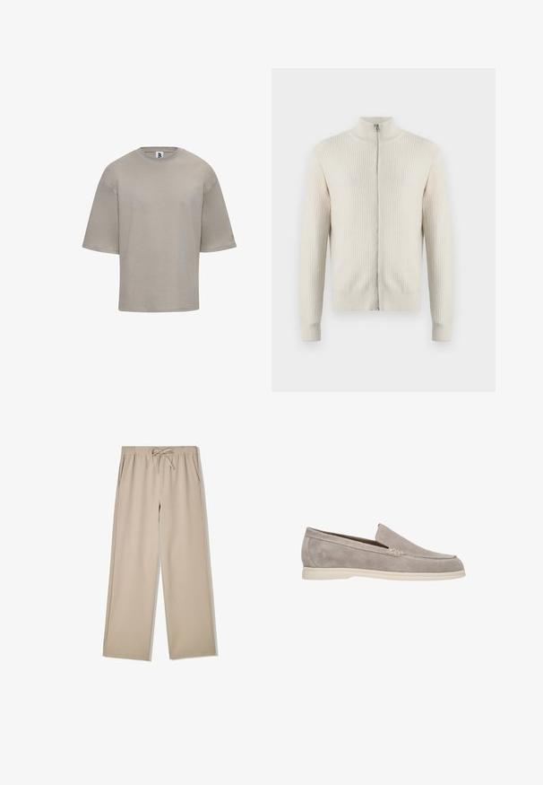 Samsøe Samsøe ADEM ZIP - Vest - off white; Korte mouwen, ronde hals t-shirt van lichtbeige katoen. Heeft een relaxte pasvorm, een gladde textuur en subtiele branding op de mouw.; Beige wijde broek met elastische tailleband en trekkoord, voorzien van zijzakken, platliggend op een witte achtergrond.; Grijze suede instapschoenen met een zachte textuur, met een laag profiel en een witte rubberen zool. Eenvoudige stikdetails over de voorkant.