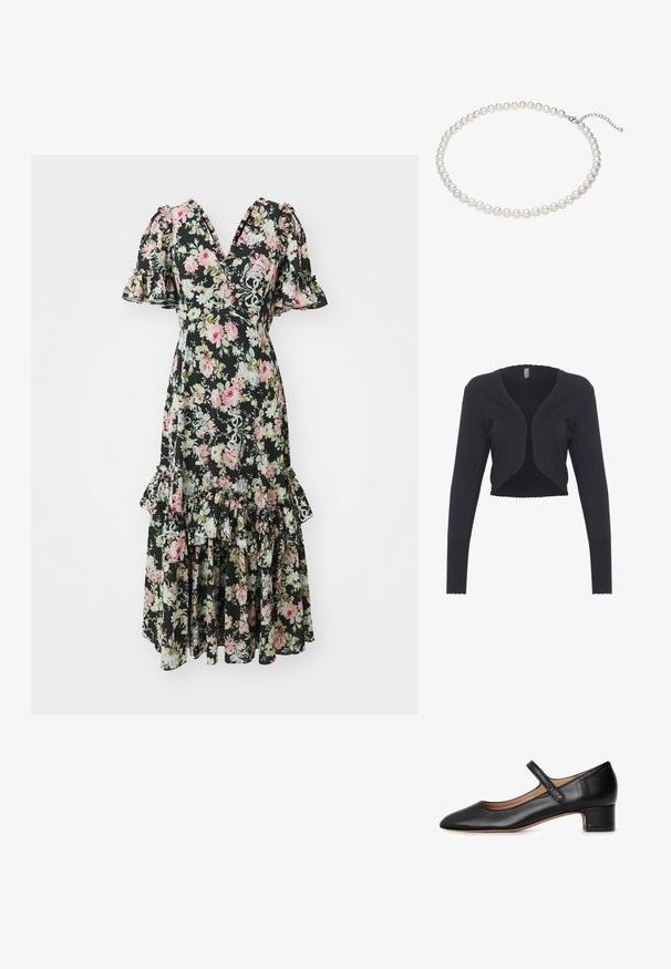 Mørk navy cropped cardigan med lange ærmer, lavet af et blødt strikmateriale. Har scallopede kanter og et åbent frontdesign.; Needle & Thread ENCHANTED GARDEN EVA CREPE BALLERINA DRESS - Cocktailkjole / festkjole - graphite; Sort læder Mary Jane-sko med afrundet tå, lav blokhæl og en central strop. Glat tekstur med minimale accenter.; Hvid perlekæde med jævnt store perler, glat tekstur og en sølvlås med en justerbar kæde til tilpasning af længden.