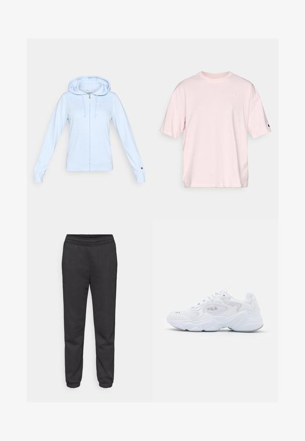Sweat à capuche bleu clair zippé, fabriqué en matière douce, avec une poche kangourou, une capuche à cordon et un petit logo sur la poitrine.; T-shirt en coton rose clair à manches courtes. Présente un logo discret sur la poitrine et un accent de logo contrastant sur la manche.; Pantalon de survêtement gris foncé avec une taille à cordon, des jambes fuselées et des poignets élastiques. Fabriqué en tissu doux et texturé.; Baskets blanches avec une tige en mesh texturé, un col rembourré et une semelle épaisse. Présente un logo sur le côté et un système de laçage.