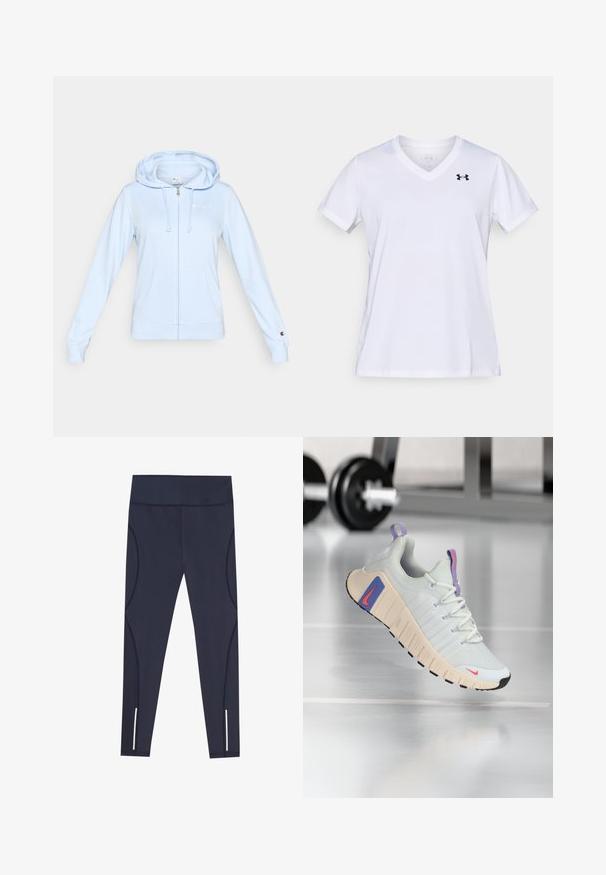 Sweat à capuche bleu clair zippé, fabriqué en matière douce, avec une poche kangourou, une capuche à cordon et un petit logo sur la poitrine.; T-shirt blanc à manches courtes avec col en V, fabriqué en mélange de coton, avec un logo noir sur le haut à gauche. Texture lisse et coupe régulière.; Leggings bleu marine en tissu extensible, dotés d'une taille haute et de coutures latérales arrondies, avec des accents réfléchissants au niveau des ourlets des chevilles.; Baskets avec une tige en maille gris clair, un col rembourré et une semelle crème texturée. Présentent des accents rose et bleu ainsi qu'une semelle en caoutchouc noir.