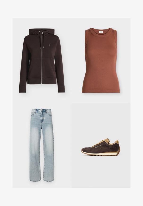 Sweat à capuche zippé marron foncé avec poches avant, capuche à cordon, poignets et bas en côte, et petit logo sur la poitrine gauche.; Débardeur marron slim fit en côtes sans manches avec encolure ronde et étiquette de marque à l’intérieur du col.; Jean large couleur bleu clair en denim, doté d'une taille haute, d'un design à cinq poches, d'une texture délavée et de détails de coutures visibles.; Baskets en daim marron avec des accents en cuir beige, dotées de lacets ronds, d'une semelle en caoutchouc beige et du logo "Michael Kors" sur le côté extérieur.