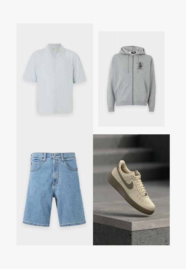 Sudadera con capucha gris claro con cremallera, cordones, bolsillos frontales y un pequeño diseño gráfico negro en la parte superior izquierda del pecho.; Camisa de botones de manga corta en rayas azul claras y blancas. Presenta un cuello clásico y un corte relajado en una tela ligera.; Pantalones cortos de mezclilla azul claro con botón frontal, cremallera, ojales para cinturón y bolsillos, exhibidos sobre un fondo blanco.; Zapatilla Nike Air Force 1 en beige y marrón con cordones, flotando sobre una superficie de hormigón y escaleras al fondo.