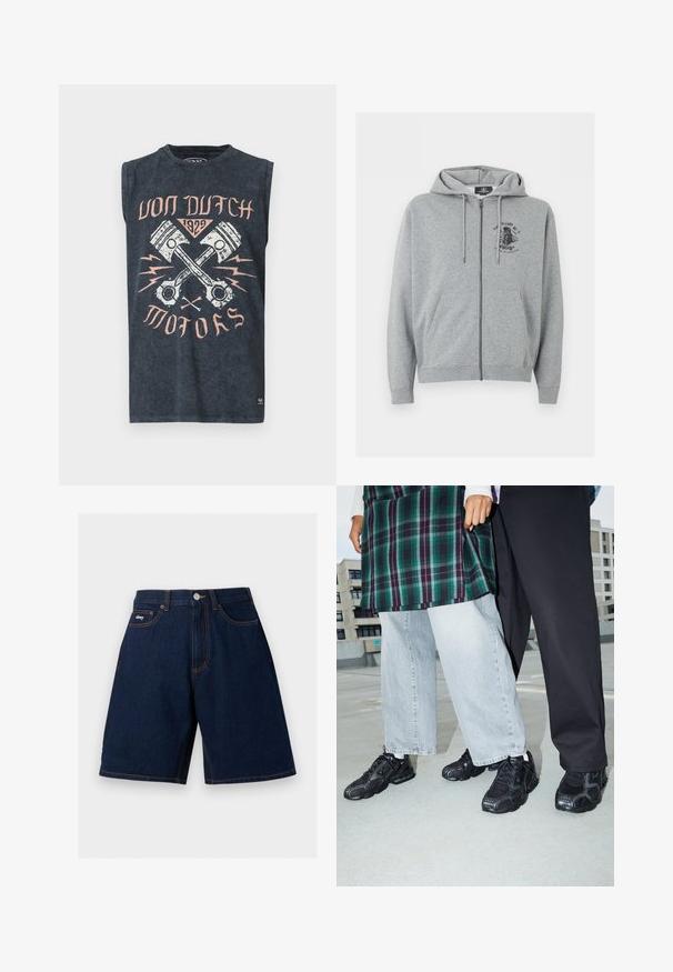 Sweat à capuche gris clair zippé avec cordons, poches avant et petit motif graphique noir sur la poitrine, côté gauche en haut.; Débardeur gris foncé avec des pistons croisés, des éclairs et le texte « Von Dutch 1929 Motors » en rose pâle et blanc.; Shorts en jean denim bleu foncé avec poches avant, fermeture par bouton, surpiqûres orange visibles et petite étiquette logo "obey" sur la poche droite.; Baskets de sport noires avec des accents en mesh et en caoutchouc. Portées avec un jean large gris clair et un haut à carreaux vert. Fond à surface plane.