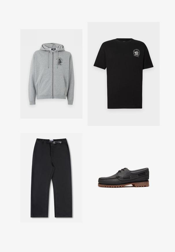 Sweat à capuche gris clair zippé avec cordons, poches avant et petit motif graphique noir sur la poitrine, côté gauche en haut.; T-shirt en coton noir à manches courtes, arborant un petit motif graphique sur la zone gauche de la poitrine. Col rond standard et coupe décontractée.; Pantalon noir à jambes droites avec taille élastique et fermeture latérale à boucle, présenté sur fond blanc.; Chaussure bateau en cuir noir avec détails en lacets, bout rond, semelle en caoutchouc marron texturée et côtés en cuir cousus.