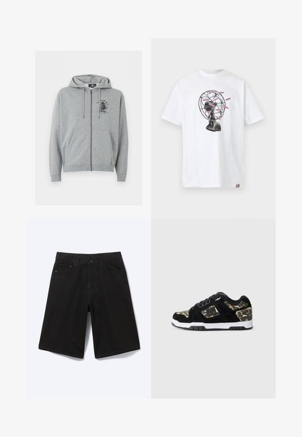 Sudadera con capucha gris claro con cremallera, cordones, bolsillos frontales y un pequeño diseño gráfico negro en la parte superior izquierda del pecho.; Camiseta blanca con un gráfico de ventilador vintage en negro que presenta varias etiquetas rosas con la palabra "CARHARTT WIP" adheridas a las aspas del ventilador.; Pantalones cortos vaqueros negros hasta la rodilla con botón frontal, trabillas para cinturón y cinco bolsillos, mostrados sobre un fondo blanco.; Zapatilla de ante negra con patrón de camuflaje en el lateral, media suela blanca y suela exterior de goma negra. Presenta cordones y detalle del logo en el lateral.
