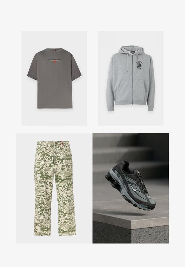 Sweat à capuche gris clair zippé avec cordons, poches avant et petit motif graphique noir sur la poitrine, côté gauche en haut.; T-shirt gris à manches courtes avec le logo "OAKLEY" et un petit graphisme rouge centré sur la poitrine, présenté sur un fond blanc uni.; Pantalons droits pour hommes avec motif camouflage pixellisé vert et beige, poches avant, présentés sur un fond clair.; Baskets athlétiques grises et noires avec panneaux en mesh et semelle épaisse, positionnées en plein air au-dessus d'un rebord en béton avec des escaliers en arrière-plan.