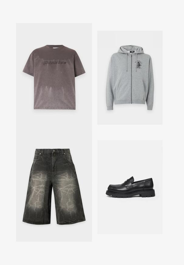 Sweat à capuche gris clair zippé avec cordons, poches avant et petit motif graphique noir sur la poitrine, côté gauche en haut.; T-shirt à manches courtes gris foncé délavé avec "Dickies" brodé sur la poitrine, présenté sur un fond uni.; Short en denim noir avec jambes larges et motifs de lignes abstraites délavées, bouton frontal, passants pour ceinture et poches latérales.; Mocassin en cuir noir avec semelle épaisse crantée et détail de bride penny, présenté en profil droit sur fond blanc.
