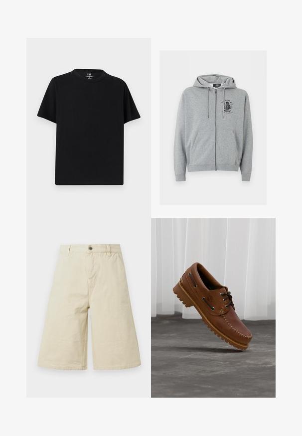 Sweat à capuche gris clair zippé avec cordons, poches avant et petit motif graphique noir sur la poitrine, côté gauche en haut.; T-shirt noir à manches courtes avec col rond et ourlet droit, présenté à plat sur un fond gris clair.; Shorts beige larges jusqu'au genou avec passants de ceinture, bouton à l'avant, fermeture éclair, et poches latérales.; Chaussure de bateau en cuir marron avec des lacets noirs, des coutures beiges et une semelle robuste, suspendue au-dessus d'un sol en béton gris.