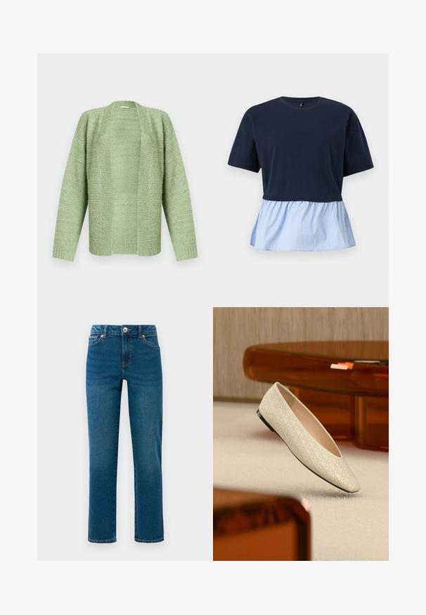 Cardigan en maille vert clair à ouverture devant, avec des motifs texturés horizontaux et verticaux, manches longues, poignets et ourlet côtelés.; Haut à manches courtes bleu marine avec col rond et ourlet basque attaché à rayures verticales bleu clair et blanc.; Jeans en denim droits bleu avec cinq poches, fermeture à bouton et fermeture éclair, et passants de ceinture, présentés sur un fond blanc.; Chaussure plate beige avec des perforations géométriques flottant au-dessus d'un tapis clair dans une pièce avec des meubles de couleur ambre.
