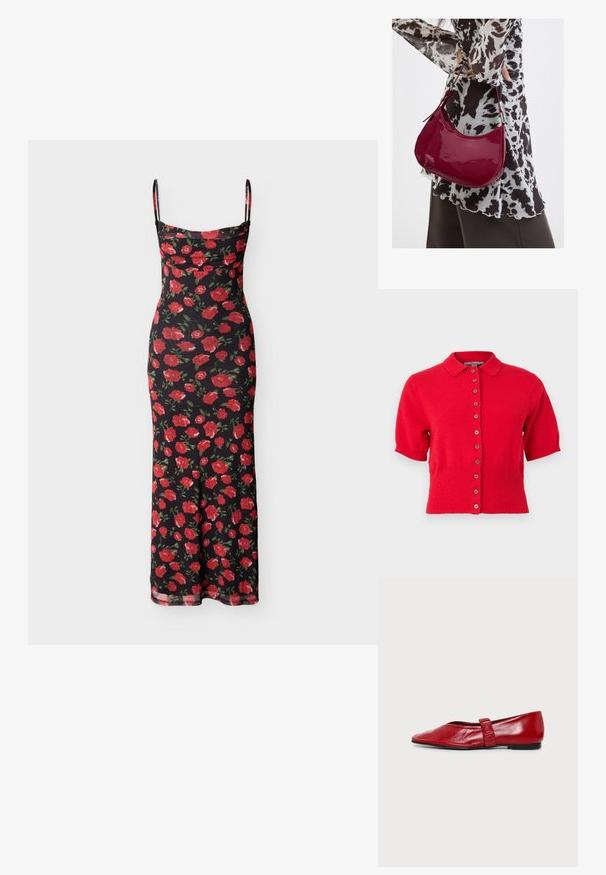 Cardigan tricoté rouge à manches courtes avec un col et une rangée de boutons marron sur le devant, ourlet et poignets côtelés.; Robe longue noire à bretelles fines spaghetti avec imprimé de roses rouges et un col froncé.; Chaussure plate rouge avec un bout carré arrondi et une seule sangle étroite sur le milieu du pied sur fond blanc.; Femme portant un chemisier à motif noir et blanc tenant un sac à main rouge brillant sur un fond uni.