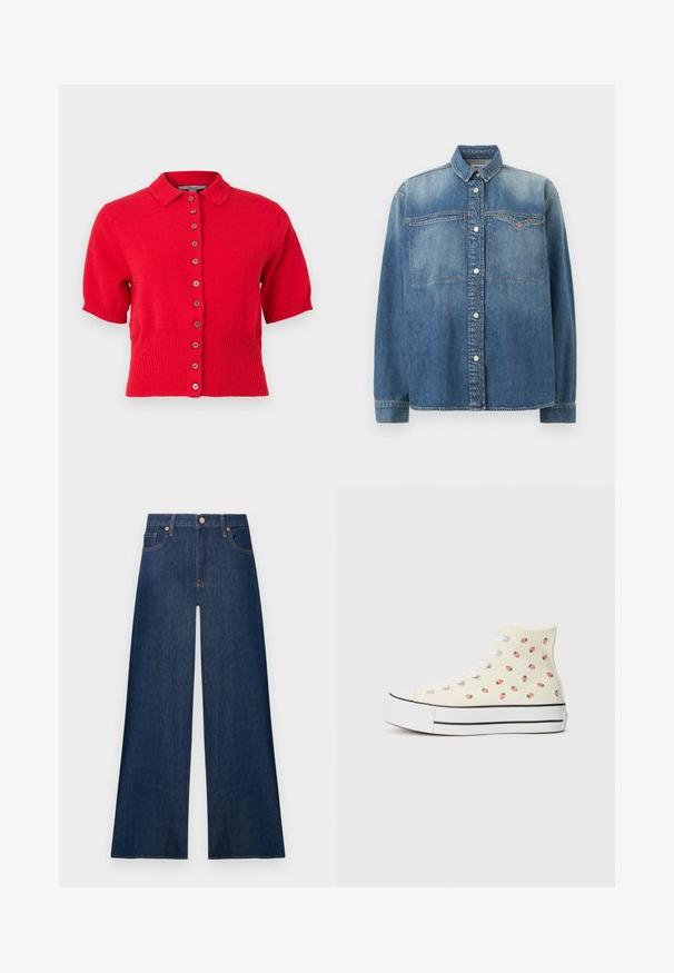 Rød kortærmet strikket cardigan med krave og en række brune knapper foran, ribbet kant og manchetter.; Blå denim skjorte med knapper, lange ærmer, to brystlommer foran og en nedfoldet krave, der viser en falmet vask effekt.; Mørkeblå vidde jeans i denim med knapper foran og lommer, vist mod en ensfarvet lys baggrund.; Høje sneakers lavet af gul lærred, med et mønster af små røde jordbær, hvide snørebånd og en hvid sål med sorte striber.