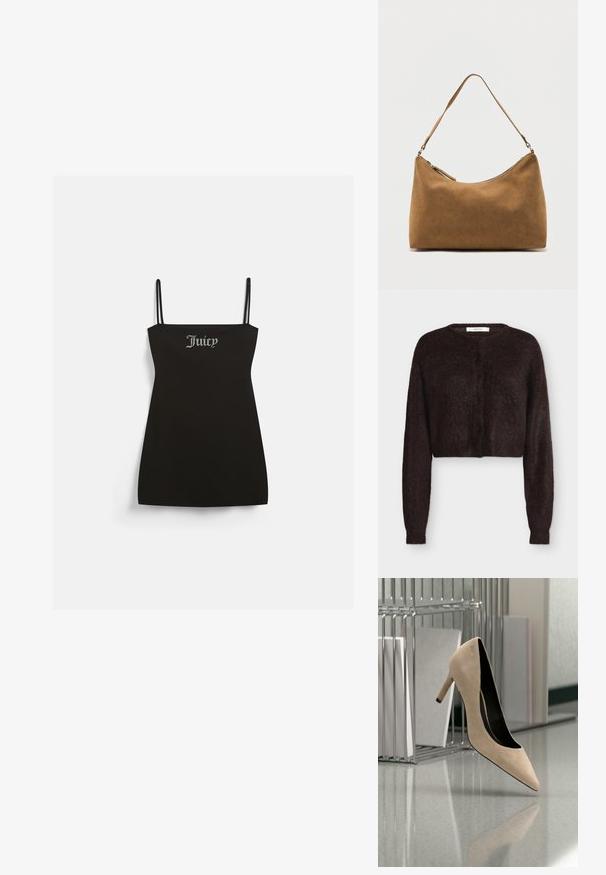Donkerbruine, harige, korte gebreide cardigan met lange mouwen en ronde halslijn, vooraan knoopsluiting, getoond op een effen lichte achtergrond.; Zwarte mouwloze jurk met dunne bandjes, gemaakt van zachte stof. Heeft een zilveren strass "Juicy" logo aan de voorkant.; Beige suède hoge hak schoen zweeft boven een reflecterend oppervlak met metalen ordners en documenten op de achtergrond.; Bruine suède schoudertas met een enkele band en een ritssluiting aan de bovenkant, gepresenteerd tegen een effen witte achtergrond.