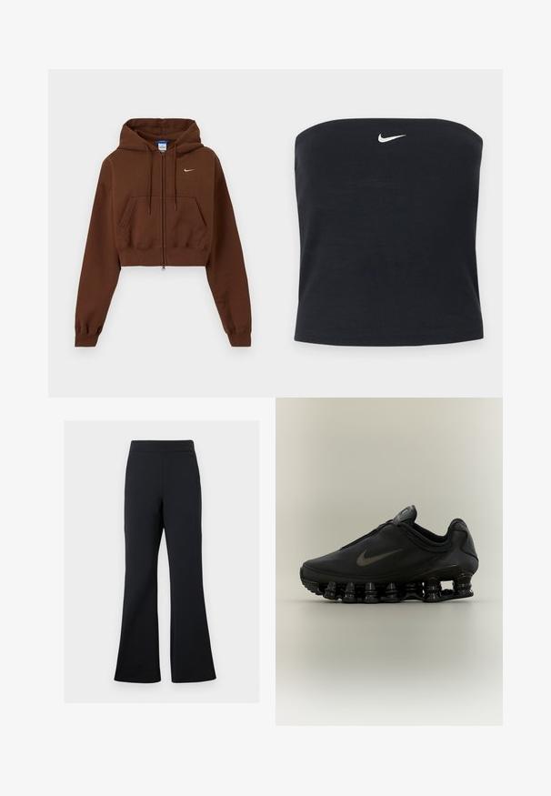 Bruine cropped zip-up hoodie met voorzakken, verstelbare capuchon met trekkoord, geribde boorden en klein wit Nike-logo op de borst.; Zwarte Nike strapless tube top met wit Swoosh-logo gecentreerd nabij de bovenrand, effen achtergrond.; Zwarte flared broeken van zachte stof met een elastische tailleband en een discrete zijzakdetail, met een gladde textuur en minimalist ontwerp.; Zwarte Nike-sneaker met een bovendeel met ritssluiting en een kenmerkende veerachtige, gesegmenteerde zool, weergegeven in zijaanzicht op een neutrale achtergrond.