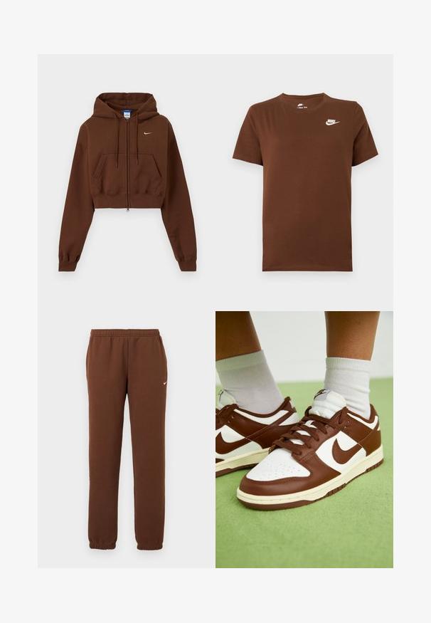 Hnedá krátka mikina na zips s prednými vreckami, nastaviteľnou kapucňou so sťahovacou šnúrkou, rebrovanými manžetami a malým bielym logom Nike na hrudi.; Hnedé tričko krátky rukáv Nike s bielym logom Nike na ľavej strane hrude a okrúhlym výstrihom, zobrazené na jednoduchom pozadí.; Hnedé tepláky Nike s elastickým pásom a manžetami, malé biele logo Nike Swoosh na ľavom stehne, jednofarebné pozadie.; Hnedé a biele kožené tenisky s perforovanou špičkou, textúrovanými akcentmi a plochými šnúrkami. Model má nízkoprofilový dizajn a gumovú podrážku.