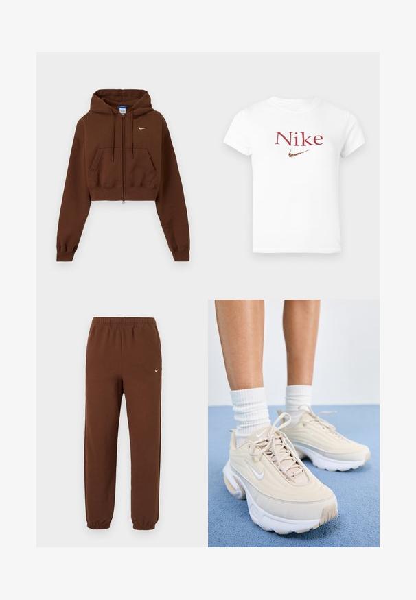 Brauner, kurz geschnittener Zip-Hoodie mit Fronttaschen, verstellbarer Kordelzugkapuze, gerippten Bündchen und kleinem weißen Nike-Logo auf der Brust.; Weißes T-Shirt mit kurzen Ärmeln, rotem "Nike"-Text und einem Leopardenmuster-Nike-Swoosh-Logo, das in der Mitte der Brust platziert ist.; Braune Nike Jogginghose mit elastischem Bund und Bündchen, mit einem kleinen weißen Nike-Swoosh am oberen linken Bein.; Beige Sportschuhe mit einem strukturierten Obermaterial, weißen Schnürsenkeln und einer dicken weißen Sohle. Das Design verfügt über dezente Kurven und ein kleines Logo.