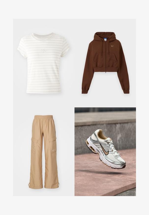 Hnedá krátka mikina na zips s prednými vreckami, nastaviteľnou kapucňou so sťahovacou šnúrkou, rebrovanými manžetami a malým bielym logom Nike na hrudi.; Biele prúžkové tričko s krátkym rukávom vyrobené z mäkkej bavlny. Má okrúhly výstrih a malé vyšívané logo Nike na hrudi.; Nike Sportswear TREND - Kapsáče - hemp; Biely a strieborný bežecký Nike topánka s béžovým logom Swoosh, zobrazená vo vzduchu nad kamenným povrchom s rozmazaným sivým pozadím steny.