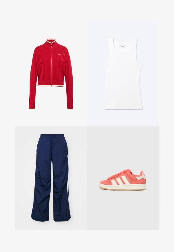 Jersey rojo de punto con cremallera, cuello alto y puños acanalados, patrón sutil de espiga y pequeño logo blanco en el pecho izquierdo.; Camiseta sin mangas blanca con textura de canalé, cuello redondo y una pequeña etiqueta que dice "WEEKDAY" en el interior del cuello.; Pantalones de color azul marino, ligeros, con cintura elástica y cordón ajustable, con franjas blancas laterales y un pequeño logo en la parte delantera. Diseño de corte holgado.; Zapatillas de ante rosa con rayas crema, cordones redondos y una lengüeta texturizada. Presenta una suela de goma y un logo en el talón.