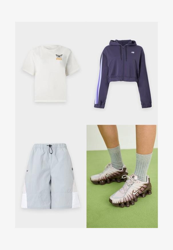 Sweat à capuche raccourci violet avec fermeture éclair, poches avant, capuche, ourlet et poignets élastiques, et rayures bleu clair et blanches sur les manches.; T-shirt blanc à manches courtes avec un papillon noir et le texte orange "RVCA" sur le haut à gauche de la poitrine.; Shorts de sport gris clair avec des panneaux latéraux blancs, une taille élastique et un cordon noir, présentés sur un fond uni.; Baskets Nike en rose clair et marron, présentant un dessus texturé, un design superposé et une semelle extérieure amortissante avec des unités d'air visibles.