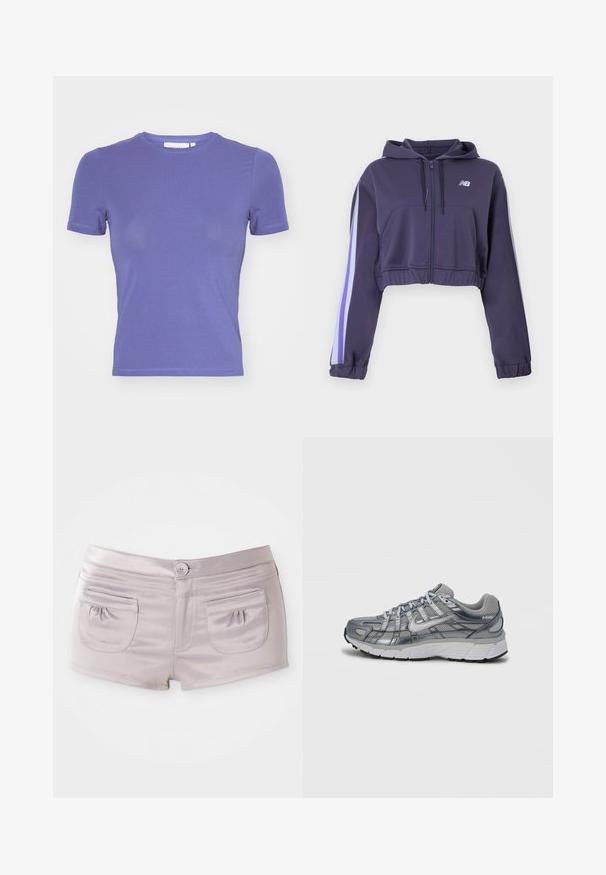Sweat à capuche raccourci violet avec fermeture éclair, poches avant, capuche, ourlet et poignets élastiques, et rayures bleu clair et blanches sur les manches.; Weekday SLIM FITTED - T-shirt basique - purple; Shorts violet clair en tissu lisse et brillant, avec deux poches à l'arrière et une fermeture à bouton à l'avant avec une taille plate.; Chaussure de sport grise avec tige en mesh, accents métalliques et semelle blanche. Dispose d'un système de laçage et de détails texturés pour accroche.