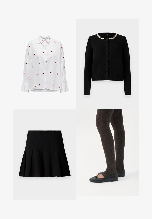 Cardigan noir en tricot avec des manches longues, un col rond et une fermeture à boutons. Équipé d'un collier décoratif en chaîne argentée. Texture douce.; Chemise blanche à manches longues et col classique, ornée de broderies en forme de cœur rouge dispersées sur le tissu. Fermeture à boutons sur le devant et manches à poignet.; Jupe noire courte plissée en tissu lisse. Dispose d'une taille élastique et d'une silhouette évasée qui s'étend jusqu'au milieu de la cuisse.; Jambes portant des leggings côtelés foncés associés à des ballerines noires avec de petits détails en nœud sur fond blanc.
