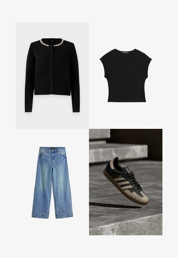 Sort strikket cardigan med lange ærmer, rund halsudskæring og knaplukning. Har en dekorativ krave af sølvkæde. Blød tekstur.; Sort kortærmet croptop med rund halsudskæring og let tilspidset talje, lavet af blødt, letvægtsstof.; Lysblå, brede jeans i denim med høj talje, markante syninger og lappe-lignende detaljer på baglommerne.; Sort og beige lædersneaker med tre hvide striber, tanfarvet gummisål og gyldent "Samba"-detalje på siden.