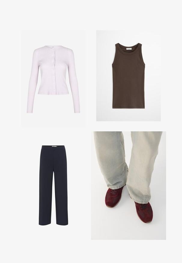Envii VOLVI - Strickjacke - lilac; Dunkelbraunes, ärmelloses, figurbetontes Tanktop mit rundem Ausschnitt, vor einem einfarbigen hellen Hintergrund dargestellt.; Marineblaue, weit geschnittene Hose aus weichem Stoff mit elastischem Bund und ohne sichtbare Taschen oder Verzierungen.; Bordeauxfarbene Wildledersneaker mit Mesh-Akzenten, Schnürung an der Vorderseite und Gummisohle, kombiniert mit hellblauen Jeans, am Saum leicht ausgefranst.