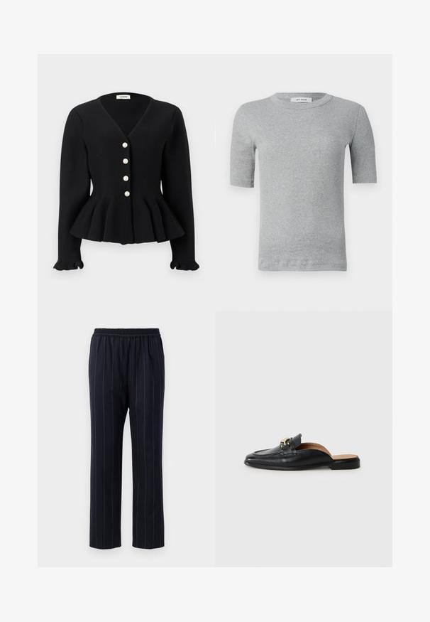 Musta ribbikuvioitu pitkähiha cardigan V-pääntiellä, levenevällä vyötäröllä, röyhelöisillä hihojen suilla ja neljällä helminapilla edessä.; Harmaa lyhythihainen paita, joka on valmistettu ribbikankaasta. Ominaisuuksiin kuuluu pyöreä kaula-aukko ja taipuva muotoilu, jossa on siistit reunat ja minimaalinen yksityiskohtaisuus.; Navy sininen housut, joissa on pystysuorat raitakuviot, joustava vyötärö, suora lahkeiden muotoilu, sileä koostumus ja ei näkyviä taskuja.; Musta nahkakengät ilman nauhoja, pyöreällä kärjellä, kultaisilla yksityiskohdilla ja littealla pohjalla. Sisäpuoli vuorattu vaaleanruskealla nahalla mukavuutta varten.