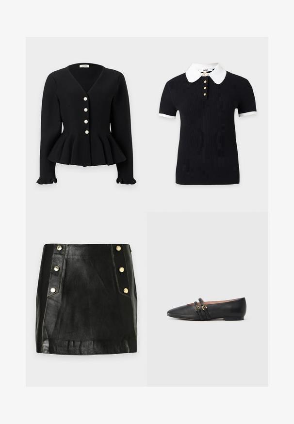 Cardigan noir côtelé à manches longues avec encolure en V, taille évasée, poignets à volants et quatre boutons en perle sur le devant.; Haut noir côtelé à manches courtes avec col et poignets festonnés blancs, orné de quatre boutons dorés sur le devant de l'encolure.; Mini jupe en cuir noir au design ajusté, avec des boutons dorés sur un côté et des détails de couture visibles. Texture lisse.; Chaussures plates en cuir noir avec un bout pointu, dotées de deux brides noires avec des accents en métal doré. Texture lisse et talon bas.